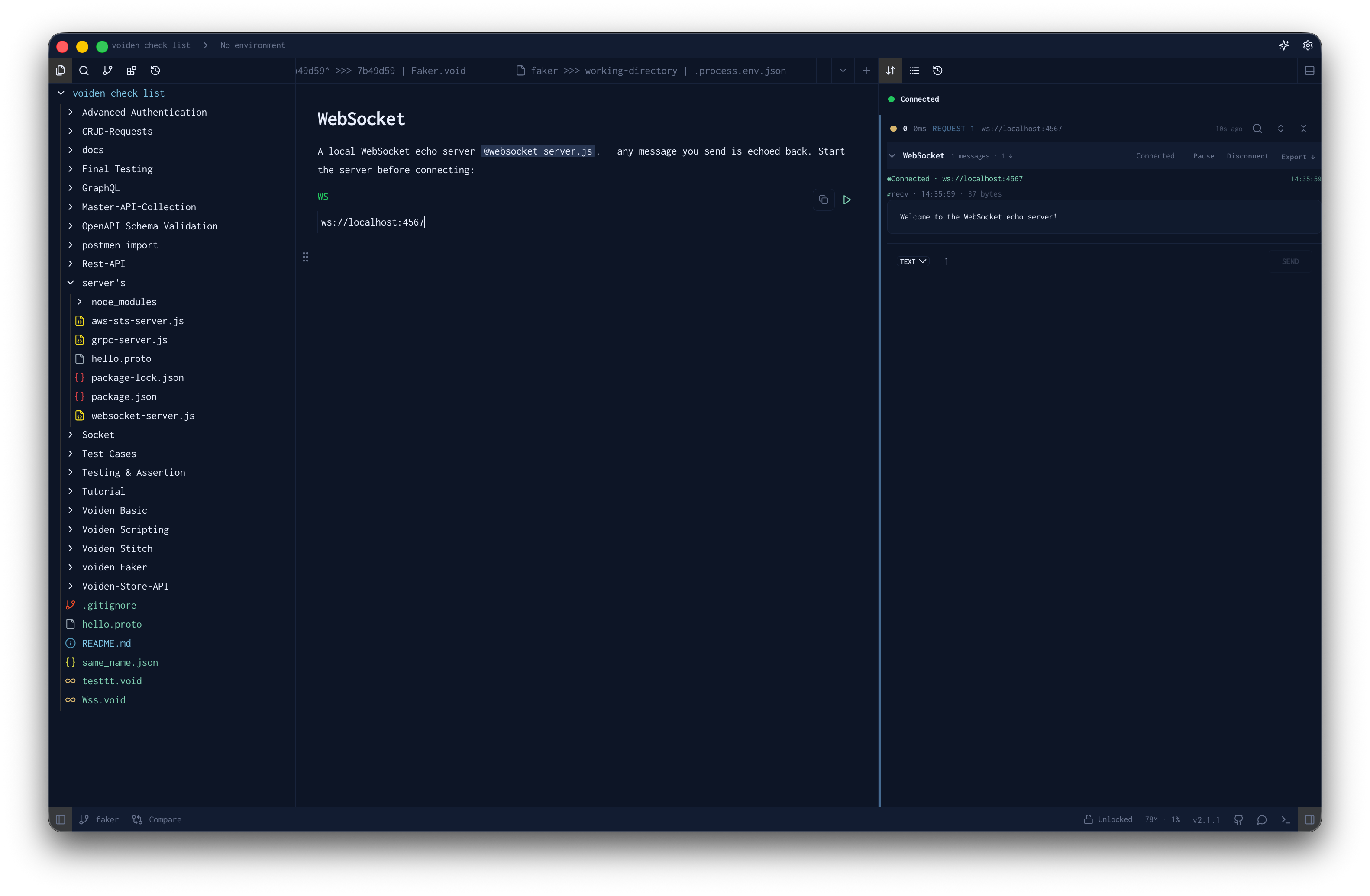 WebSocket block in Voiden showing a connected session
