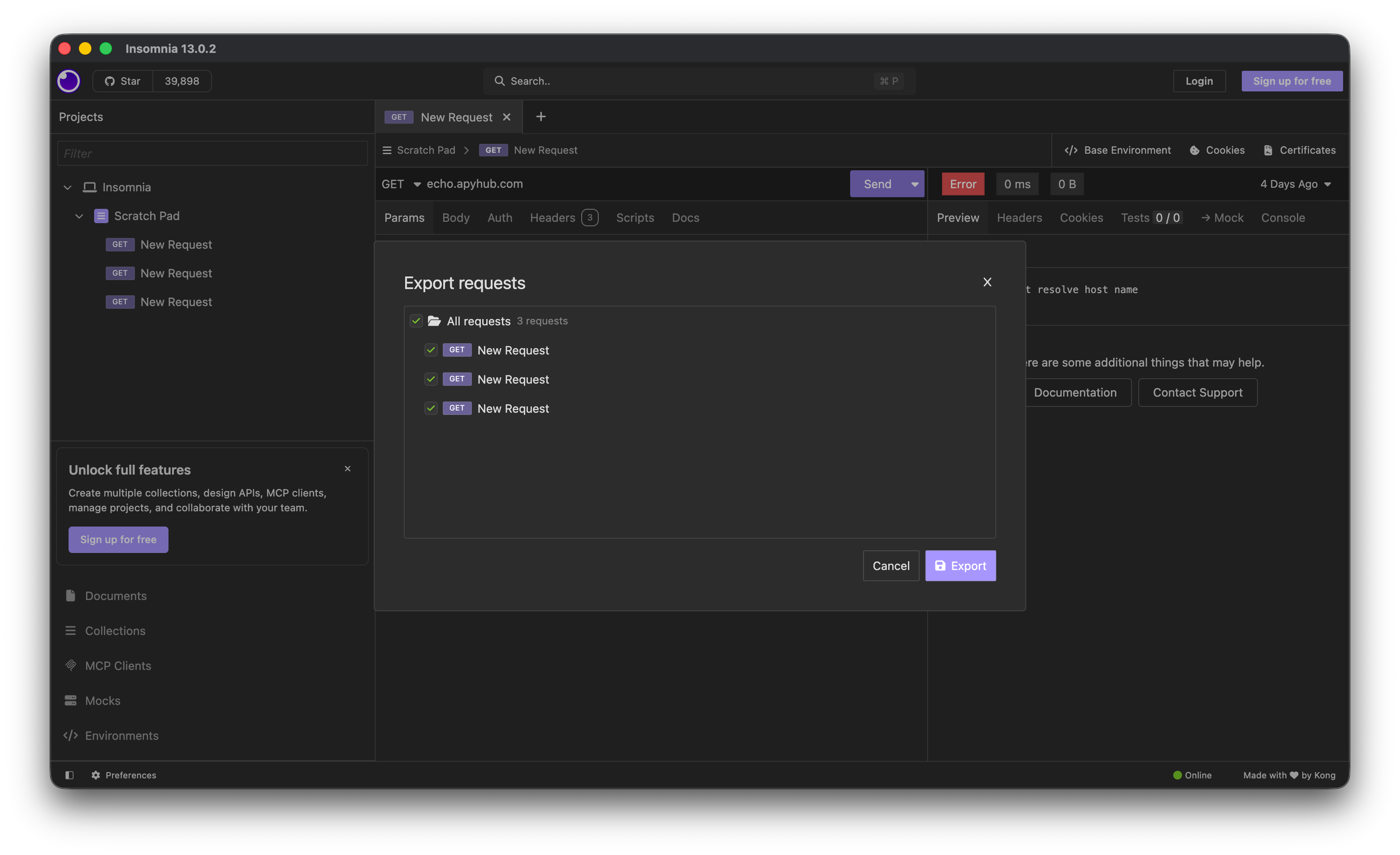 Exporting a workspace from Insomnia as a v5 YAML file
